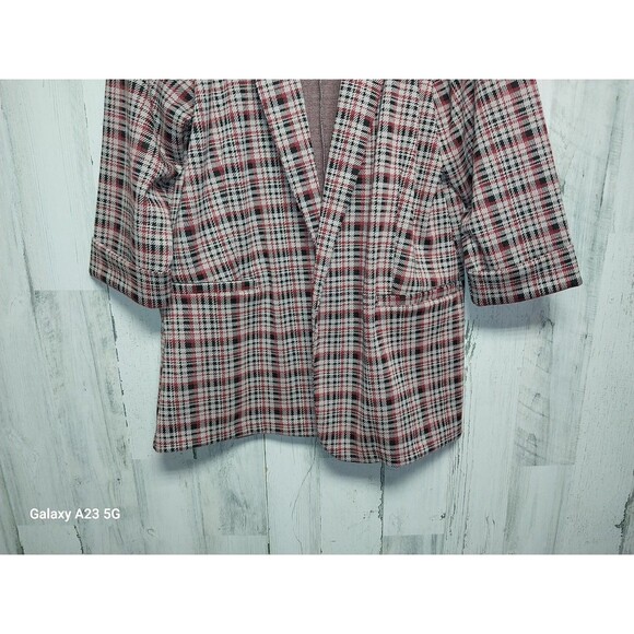 Maurices Women's Buttonless Blazer Jacket XXL NWT Plaid 3/4 Sleeves Beige Red - Picture 2 of 8